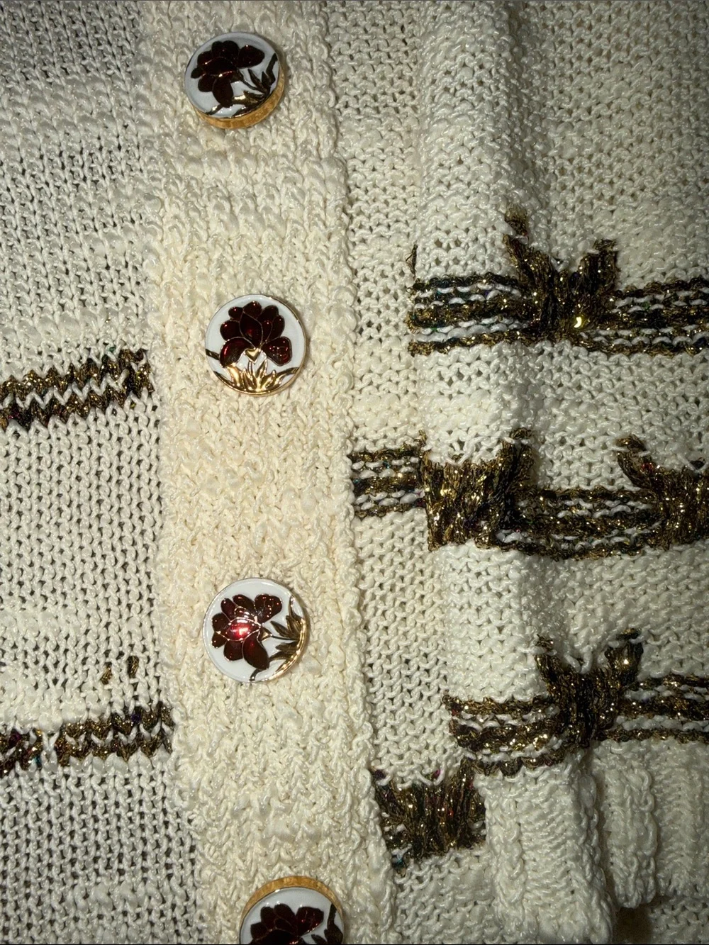 CHANEL Cream Knit Cardigan with Brown Trim and Decorative Buttons
